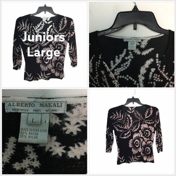 Alberto Makali Tops - Women’s Alberto Makali Large 12 - 14 V-Neck Top Shirt Black Pink Floral Flowers
